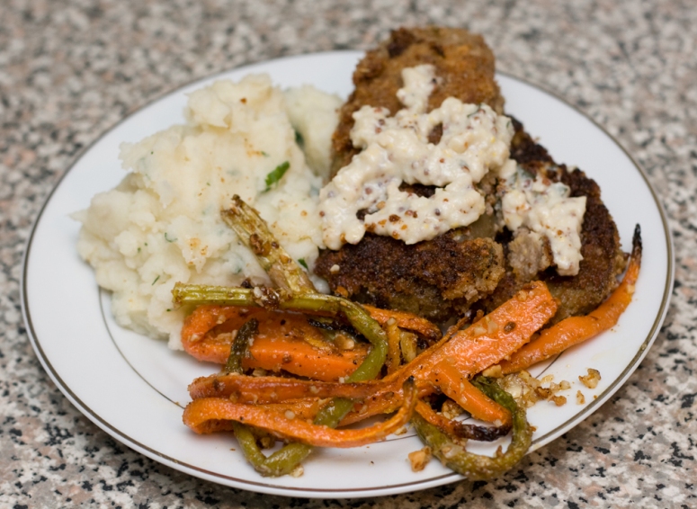 Pecan Crusted Eggplant with Cashew Cream Sauce, Roasted Garlic Mashed Potatoes, and Roasted Asparagus and Carrots